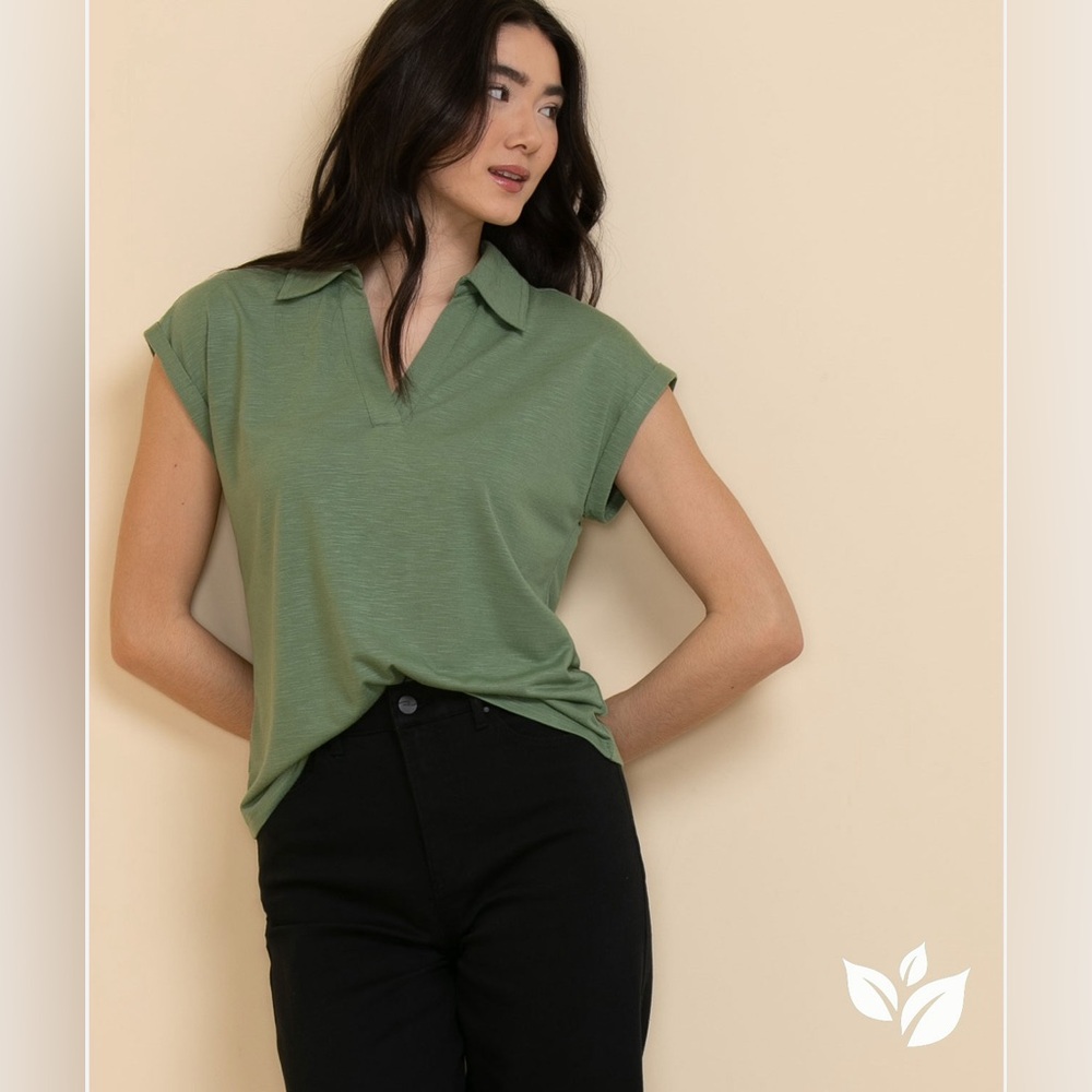 Rickiβs Johnny Collar Rolled Cuff Tee - Olive Green (Medium)